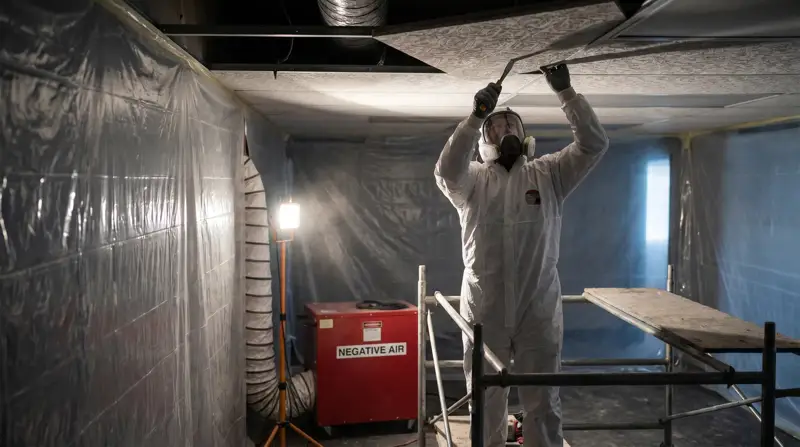 Alliance technician working inside a negative-air containment